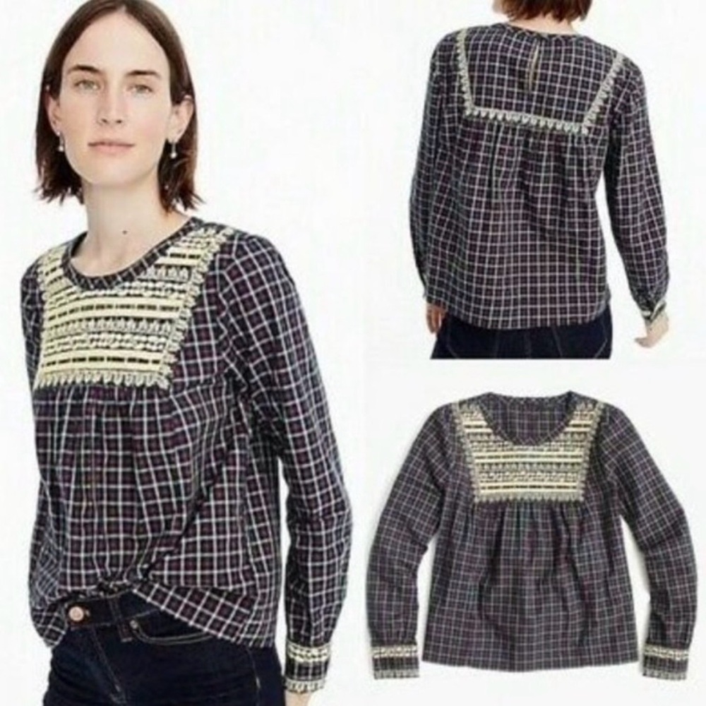 J.Crew Plaid Long-Sleeve Top with Yellow Embroidery Peasant Woven Size Small